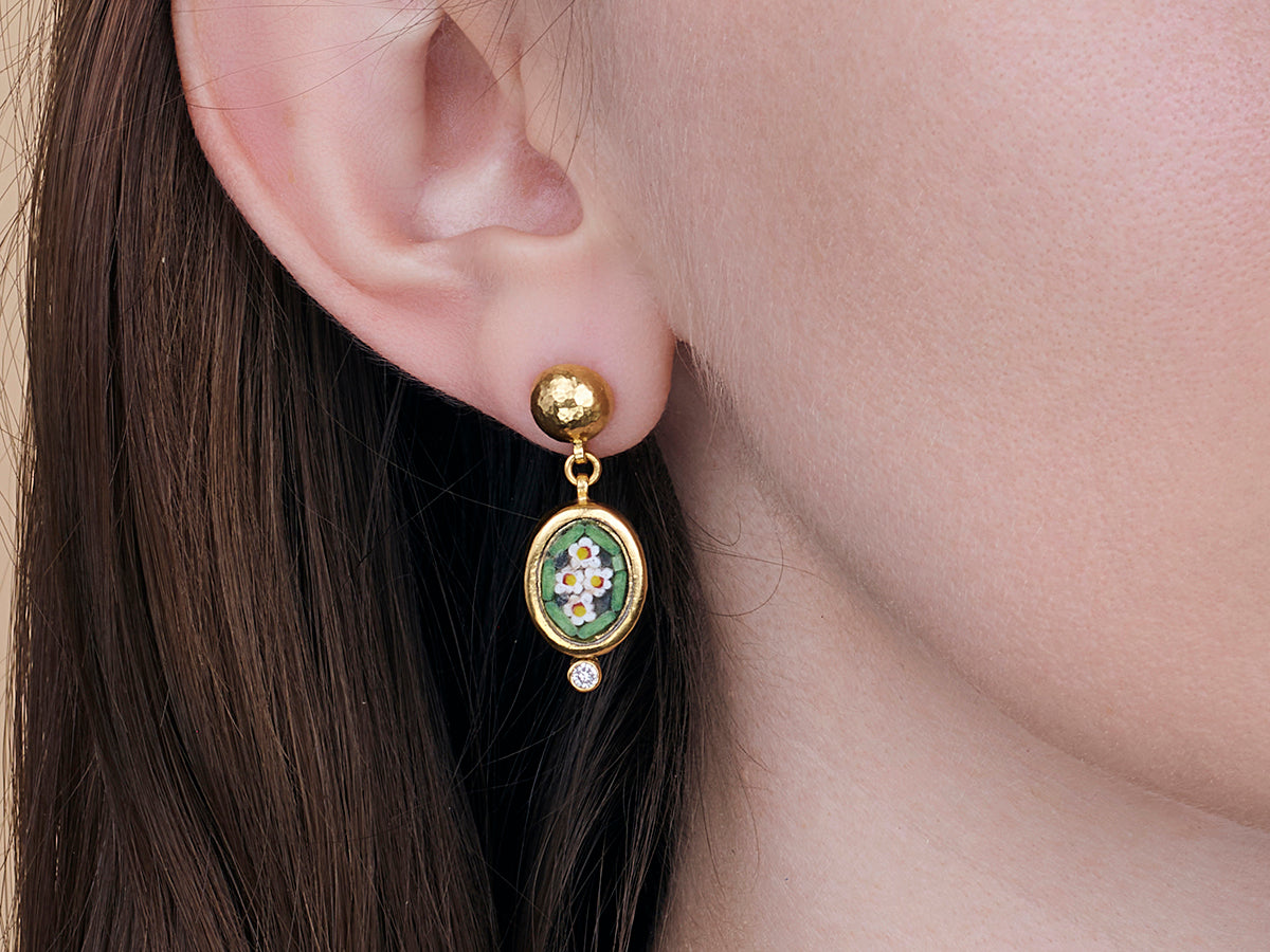 GURHAN, GURHAN Antiquities Gold Single Drop Earrings, 12x9mm Oval Floral Motif, Micro Mosaic and Diamond