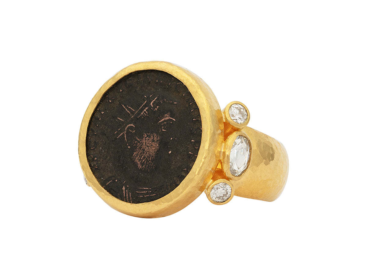 GURHAN, GURHAN Antiquities Gold Stone Cocktail Ring, 18mm Round, with Coin and Diamond