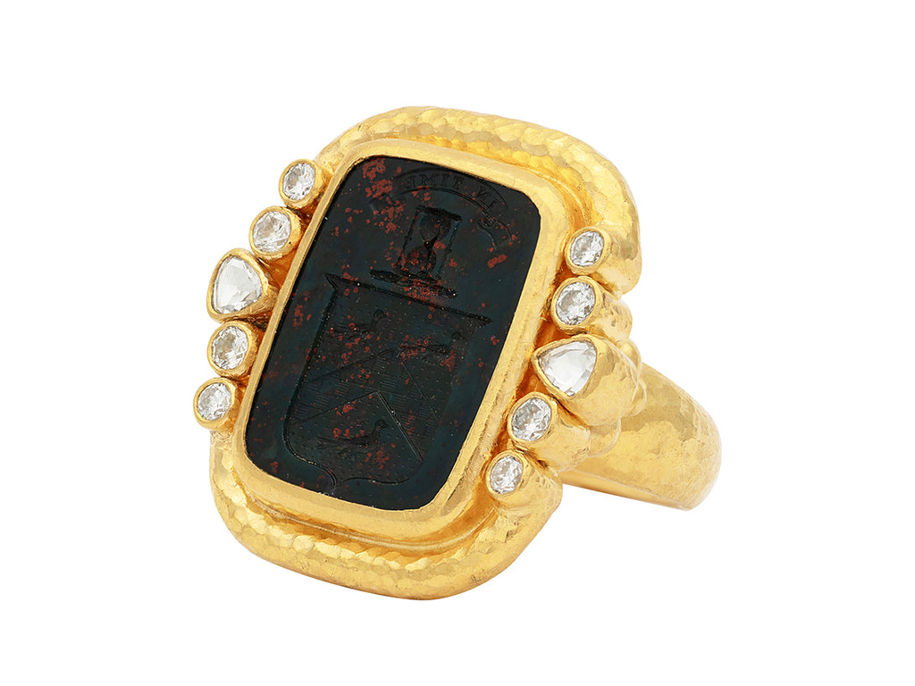 GURHAN, GURHAN Antiquities Gold Bloodstone Intaglio and Diamonds Cocktail Ring, 22x18mm Rectangle set in Wide Frame