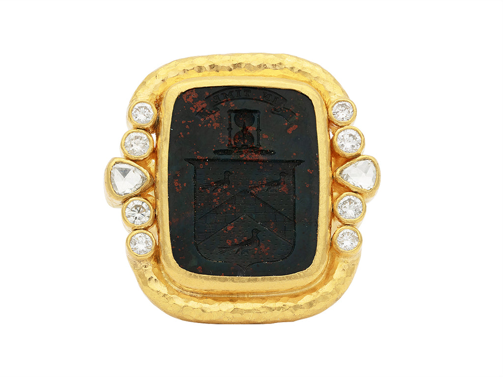 GURHAN, GURHAN Antiquities Gold Bloodstone Intaglio and Diamonds Cocktail Ring, 22x18mm Rectangle set in Wide Frame