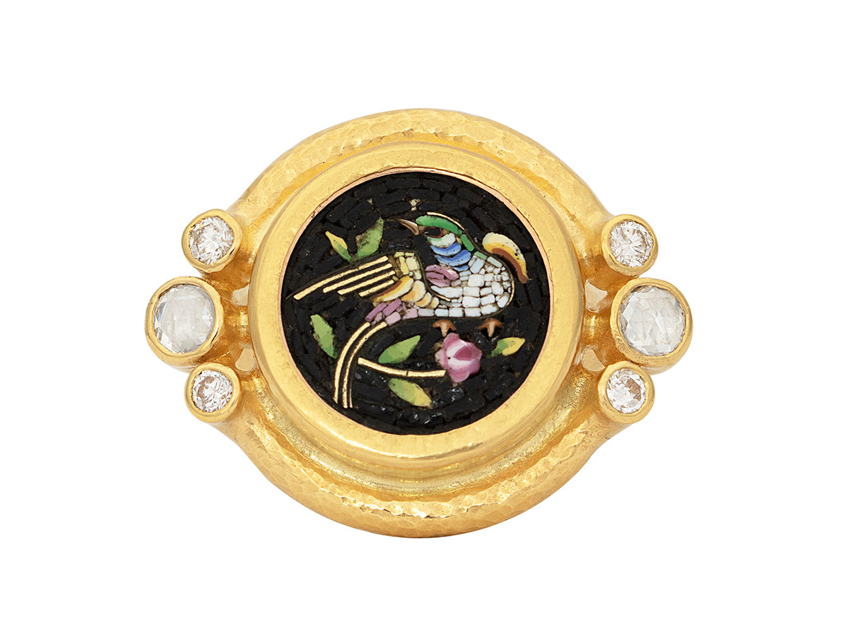 GURHAN, GURHAN Antiquities Gold Stone Cocktail Ring, 15mm Round Bird Motif set in Wide Frame, with Micro Mosaic and Diamond