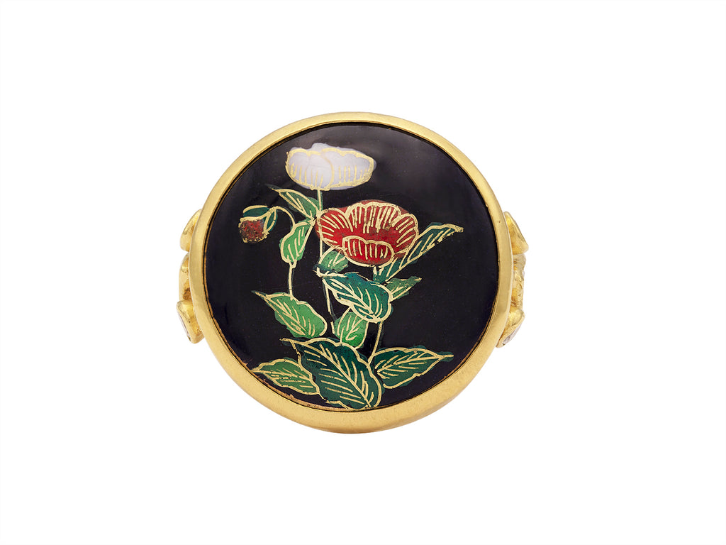 GURHAN, GURHAN Antiquities Gold Stone Cocktail Ring, 24mm Round Floral Motif, Satsuma and Diamond