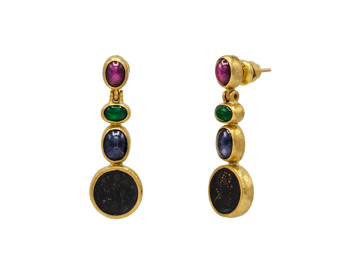 GURHAN, GURHAN Antiquities Gold Long Drop Earrings, Mixed Round and Oval, Mixed Stones