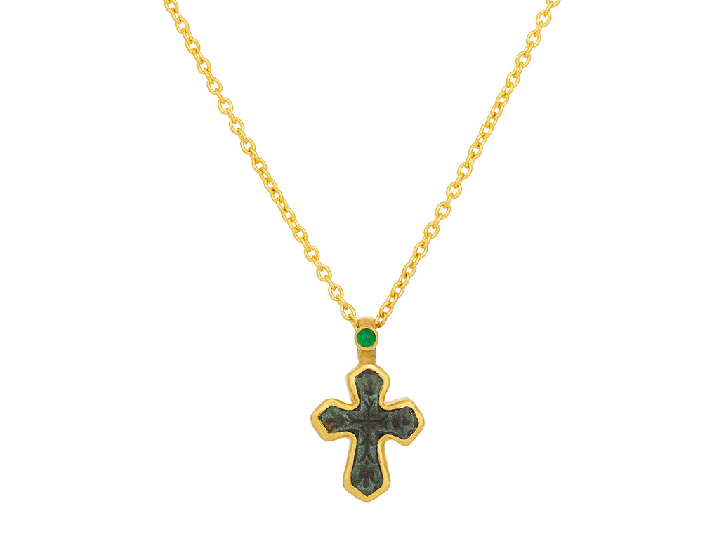 GURHAN, GURHAN Antiquities Gold Pendant Necklace, 12mm Wide, Bronze Cross and Emerald
