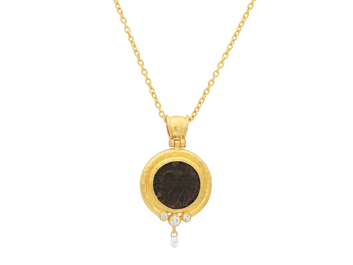 GURHAN, GURHAN Antiquities Gold Pendant Necklace, 17mm Round Set in Wide Frame, with Coin and Diamond