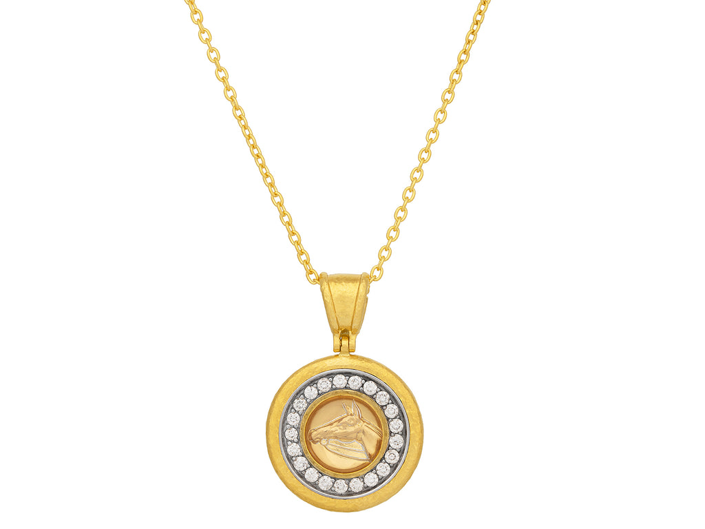 GURHAN, GURHAN Antiquities Gold Crystal Intaglio Pendant Necklace, 13mm Round set in Wide Frame, Horse