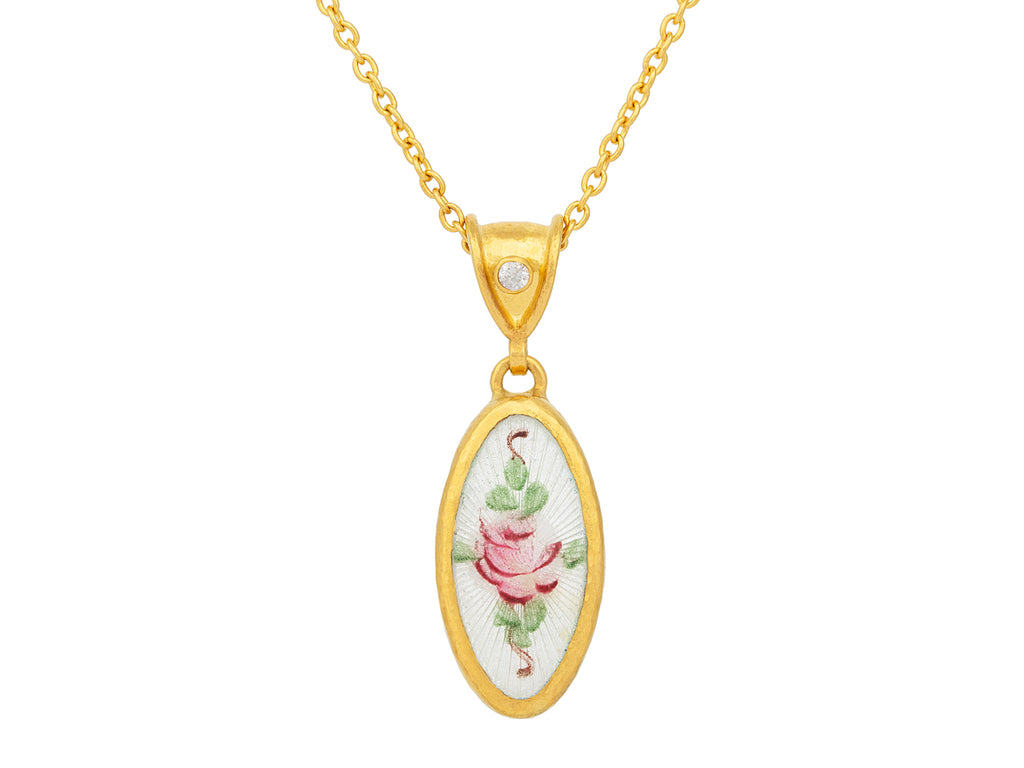 GURHAN, GURHAN Antiquities Gold Guilloche Enamel Pendant Necklace, 20x10mm Floral Motif