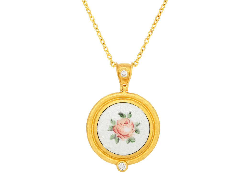 GURHAN, GURHAN Antiquities Gold Guilloche Enamel Pendant Necklace, 16mm Round Floral Motif set in Wide Frame