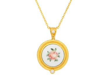 GURHAN, GURHAN Antiquities Gold Guilloche Enamel Pendant Necklace, 16mm Round Floral Motif set in Wide Frame