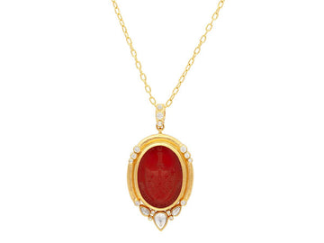 GURHAN, GURHAN Antiquities Gold Carnelian Intaglio Pendant Necklace, 29x21mm Oval set in Wide Frame