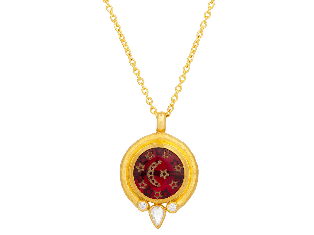 GURHAN, GURHAN Antiquities Gold Crystal Intaglio Pendant Necklace, 13mm Round set in Wide Frame, Moon and Stars.