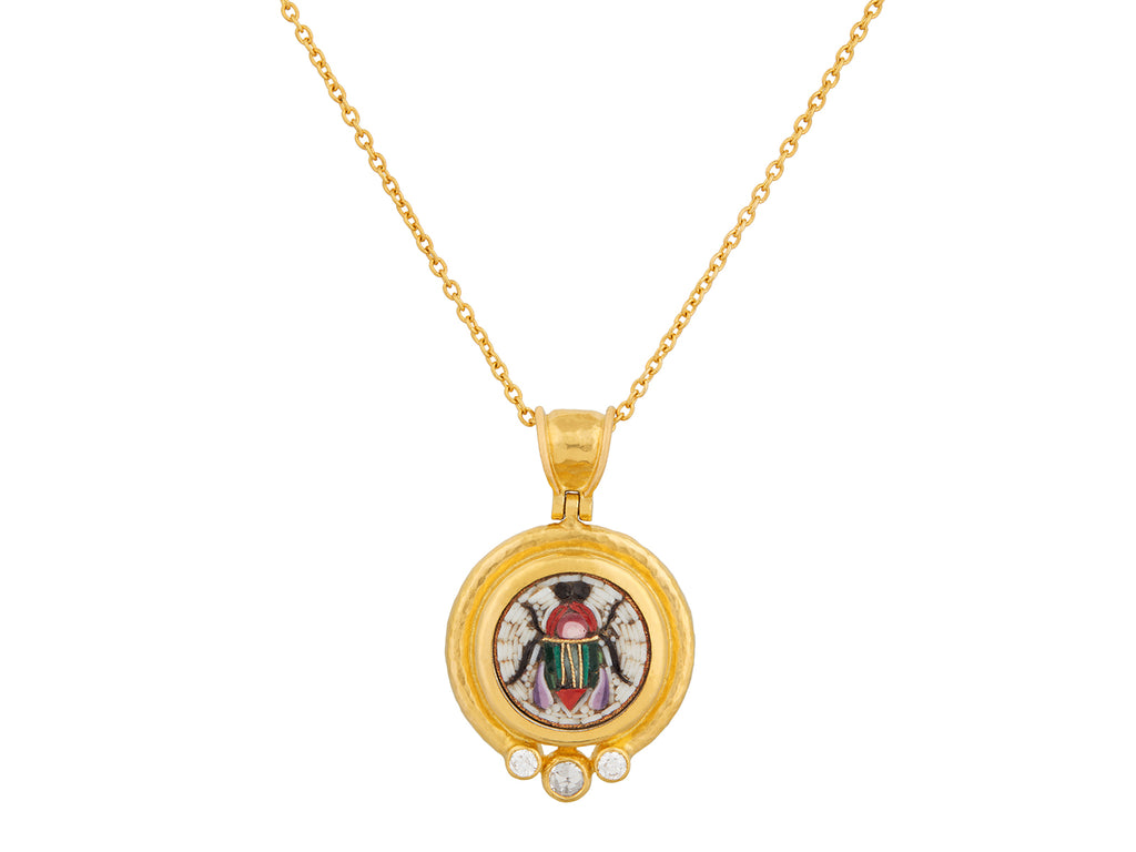 GURHAN, GURHAN Antiquities Gold Pendant Necklace, 14mm Round Scarab set in Wide Frame, Micro Mosaic and Diamond