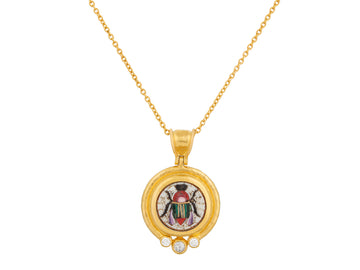 GURHAN, GURHAN Antiquities Gold Pendant Necklace, 14mm Round Scarab set in Wide Frame, Micro Mosaic and Diamond