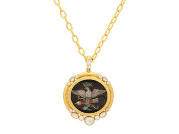 GURHAN, GURHAN Antiquities Gold Micro Mosaic Pendant Necklace, 30mm Round Dove of Peace Motif set in Wide Frame