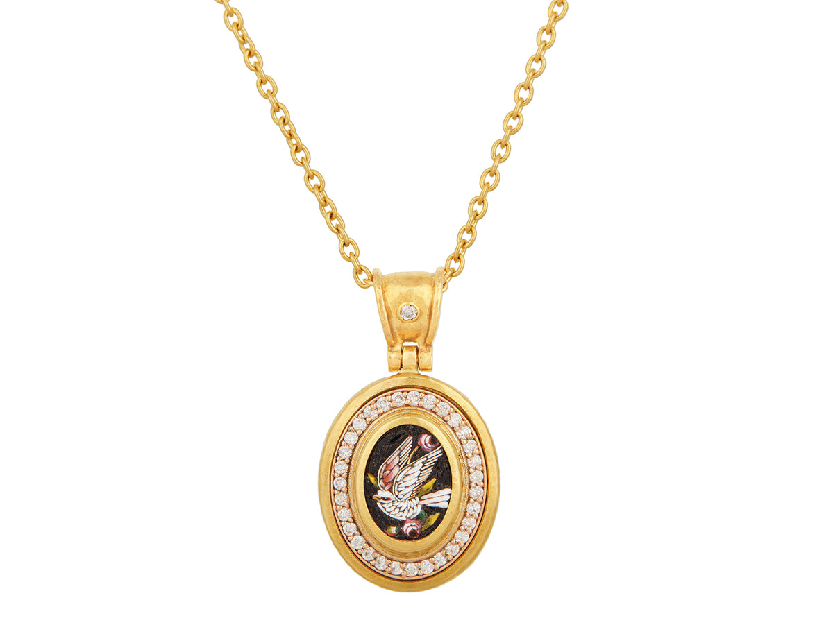 GURHAN, GURHAN Antiquities Gold Pendant Necklace, 14x10mm Dove set in Wide Frame, Micro Mosaic and Diamond