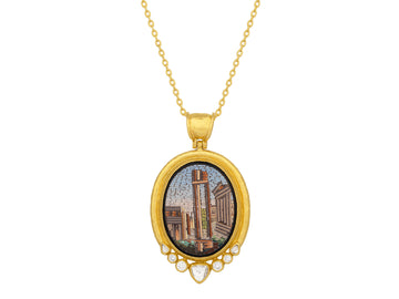 GURHAN, GURHAN Antiquities Gold Micro Mosaic Pendant Necklace, 31x25mm Oval set in Wide Frame, Temple of Vespasian and Titus