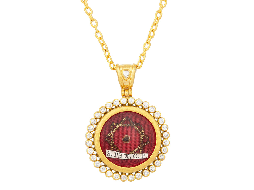 GURHAN, GURHAN Antiquities Gold Pendant Necklace, 23mm Round, "Saint Pius X", Diamond Frame, Glass Reliquary