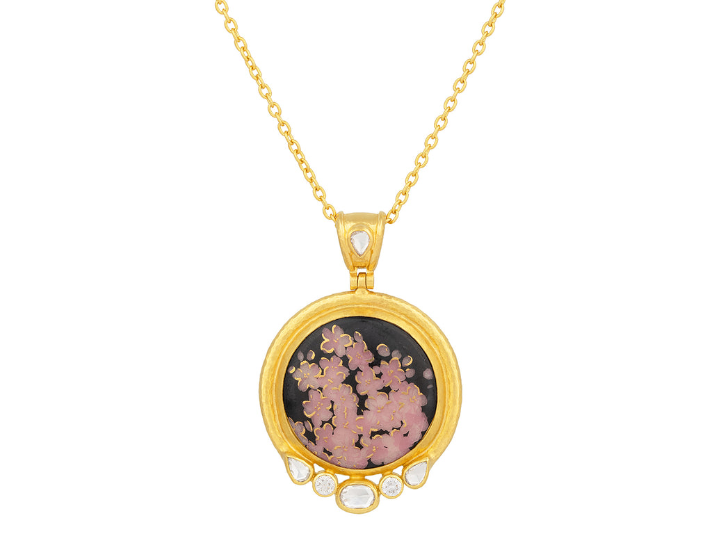 GURHAN, GURHAN Antiquities Gold Satsuma Pendant Necklace, 25mm Round set in Wide Frame, Cherry Blossom Motif