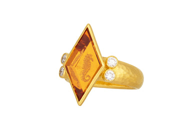 GURHAN, GURHAN Antiquities Gold Citrine Cocktail Ring, 22x12mm Diamond Shape, Sea Horse