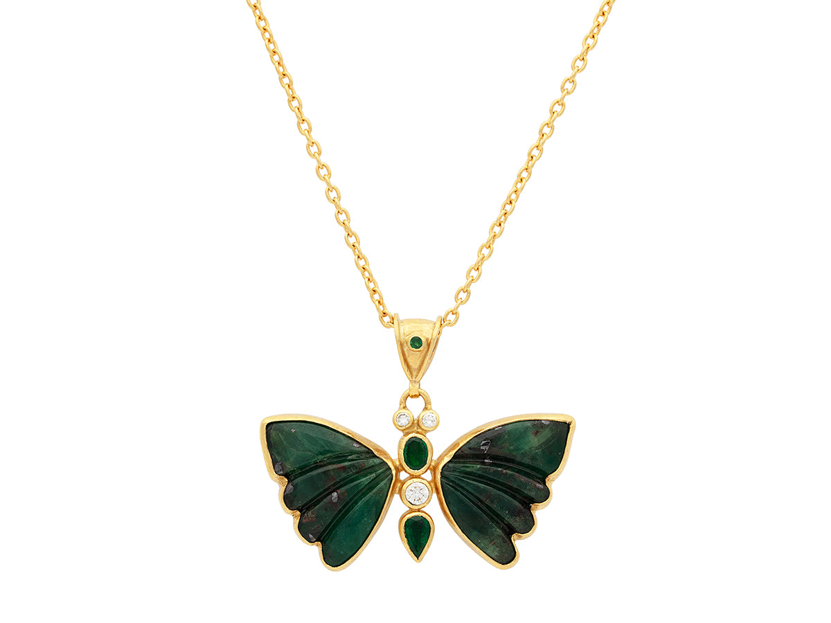 GURHAN, GURHAN Butterfly Gold Pendant Necklace, 21x15mm Carved Wings, Emerald and Diamond