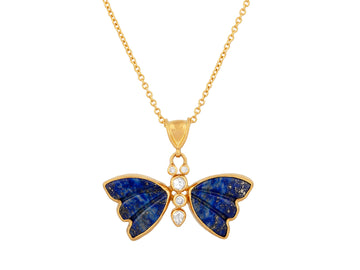 GURHAN, GURHAN Butterfly Gold Pendant Necklace, 16x14mm Carved, Lapis and Diamond