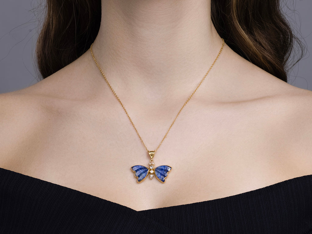 GURHAN, GURHAN Butterfly Gold Pendant Necklace, 16x14mm Carved, Lapis and Diamond