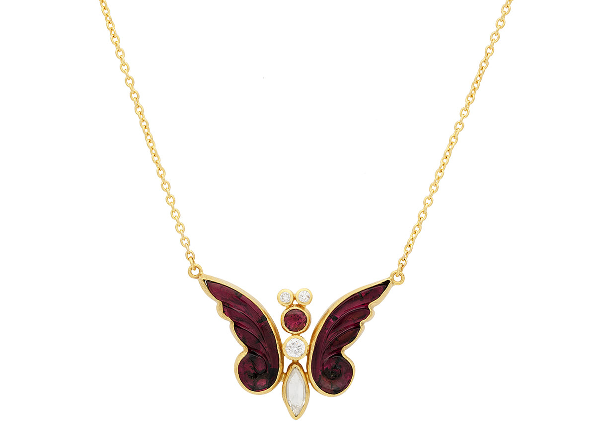 GURHAN, GURHAN Butterfly Gold Pendant Necklace, 20x8mm Carved Wings, Tourmaline and Diamond