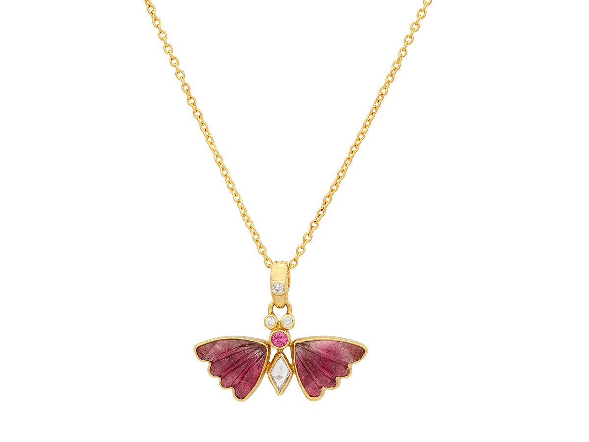 GURHAN, GURHAN Butterfly Gold Pendant Necklace, 12x10mm Carved Wings, Tourmaline and Diamond