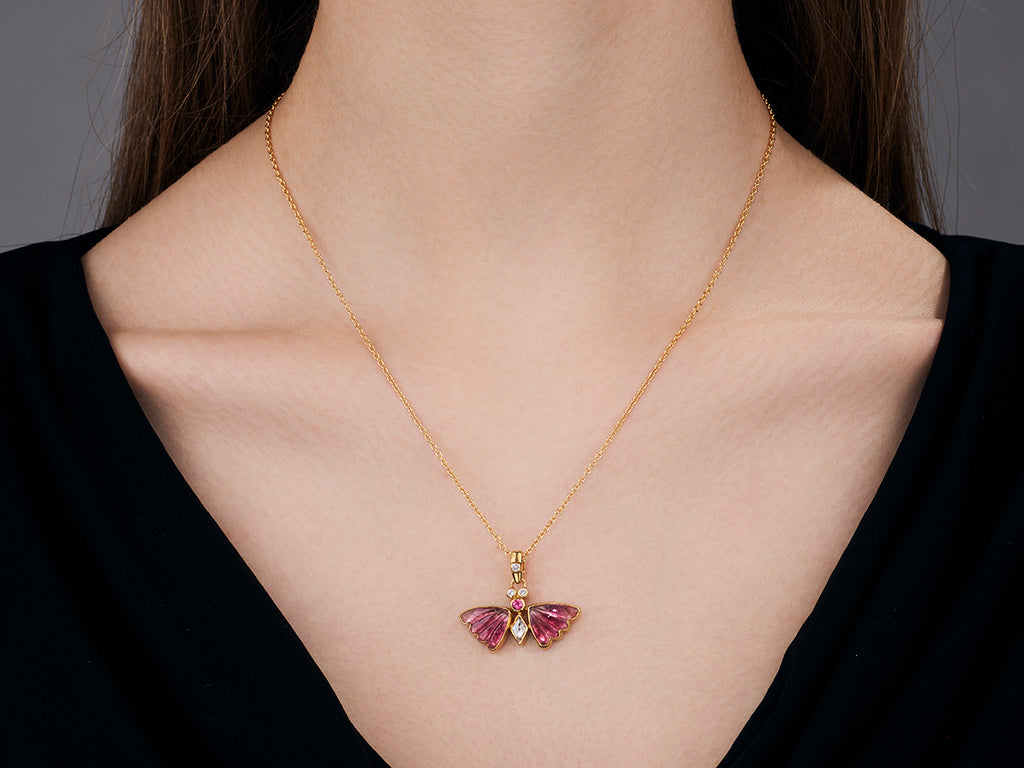 GURHAN, GURHAN Butterfly Gold Pendant Necklace, 12x10mm Carved Wings, Tourmaline and Diamond