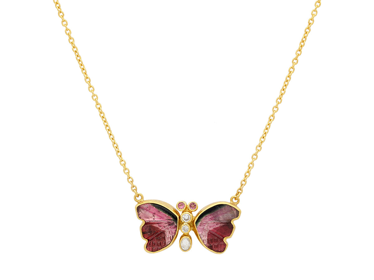 GURHAN, GURHAN Butterfly Gold Pendant Necklace, 13x10mm Carved Wings, Tourmaline and Diamond