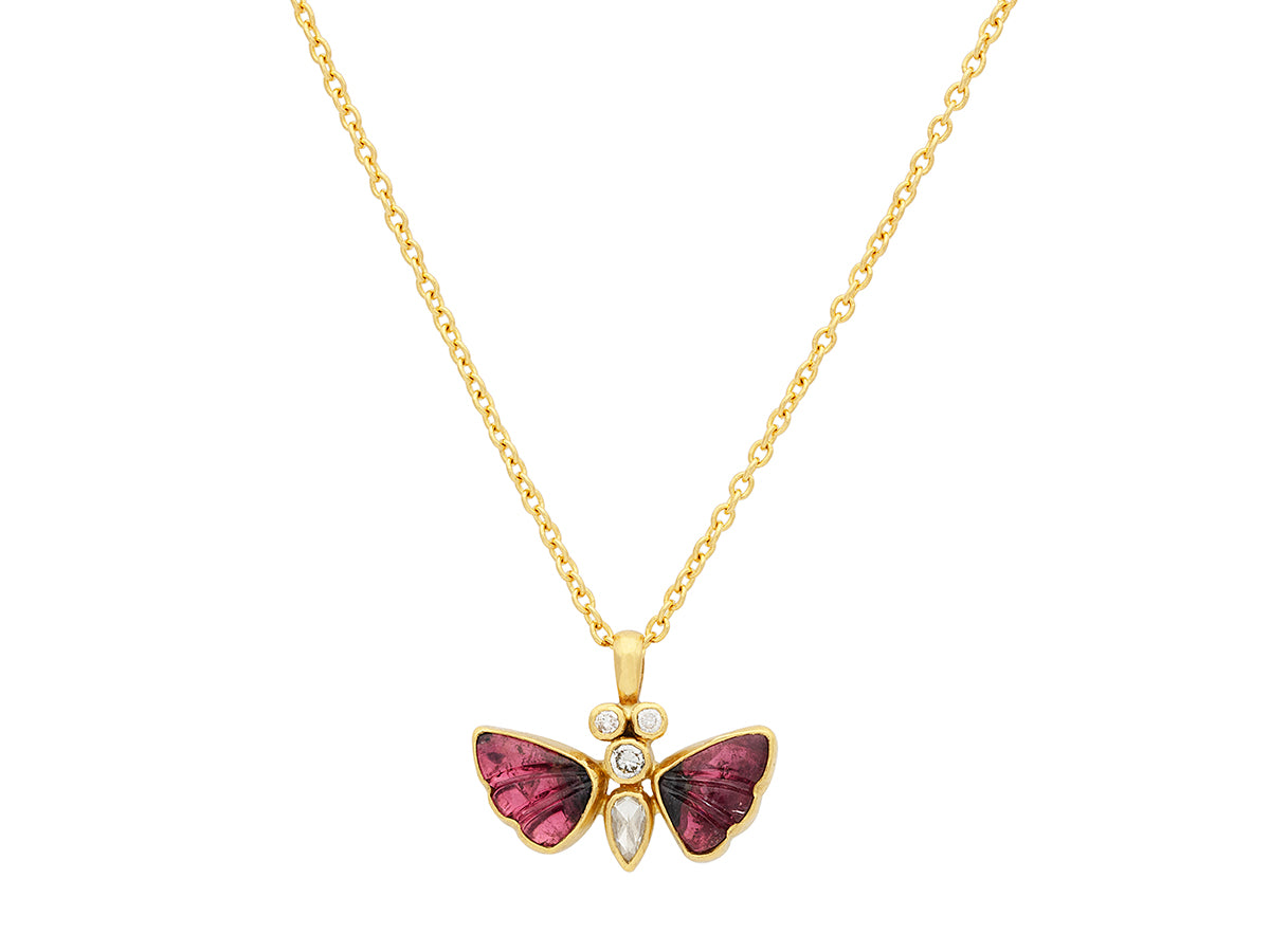 GURHAN, GURHAN Butterfly Gold Pendant Necklace, 9x6mm Carved Wings, Tourmaline and Diamond