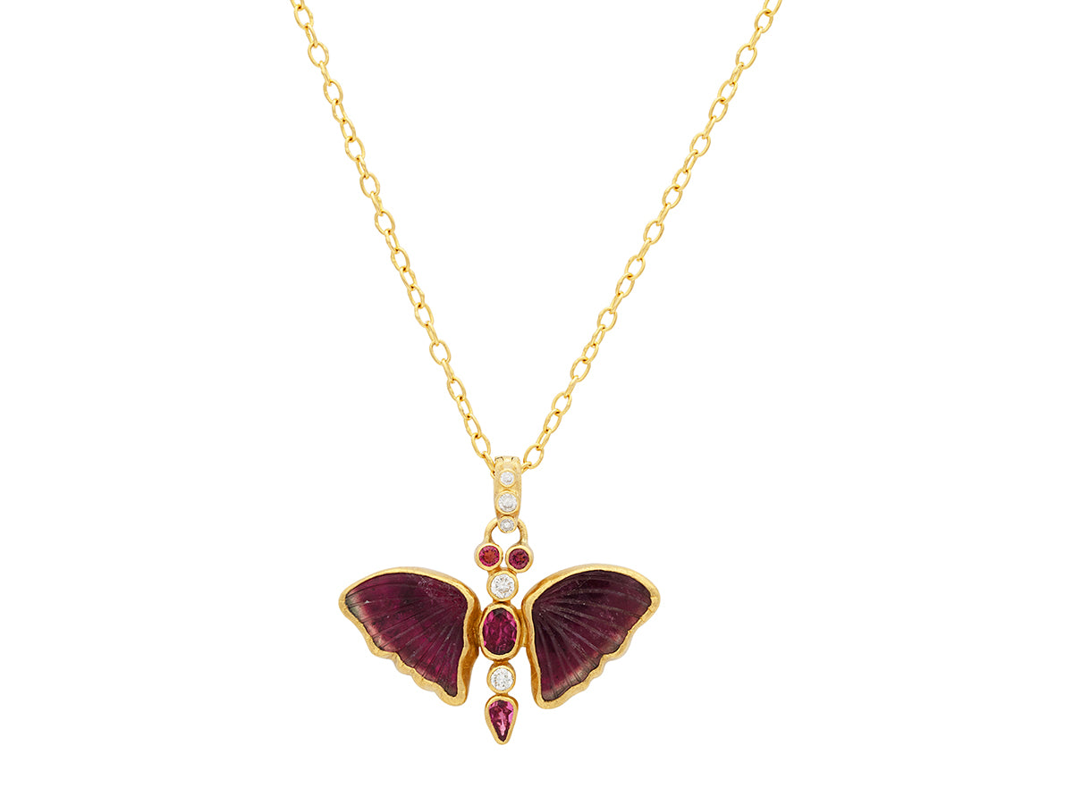 GURHAN, GURHAN Butterfly Gold Pendant Necklace, 30x34mm Carved, Tourmaline and Diamond