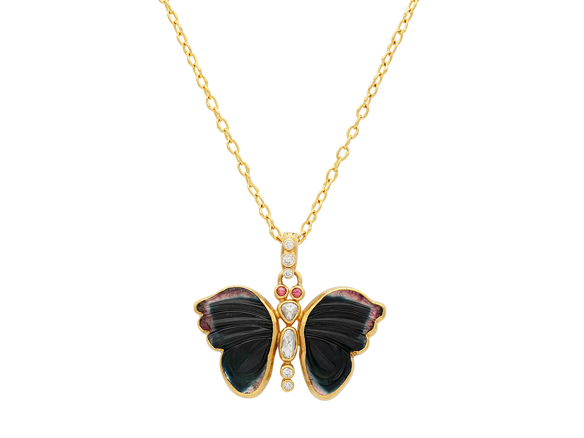 GURHAN, GURHAN Butterfly Gold Pendant Necklace, 29x34mm Carved, Tourmaline and Diamond