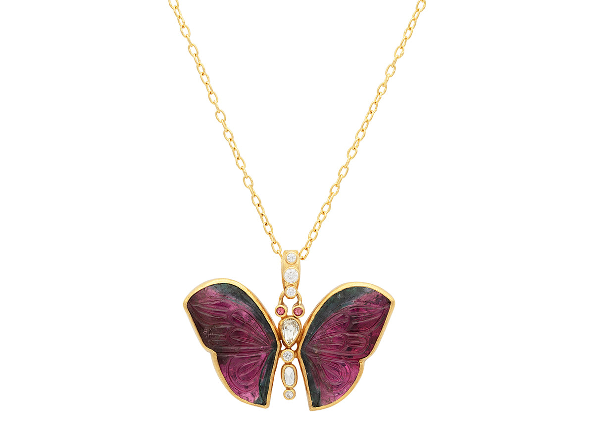 GURHAN, GURHAN Butterfly Gold Pendant Necklace, 33x43mm Carved, Tourmaline, Topaz and Diamond