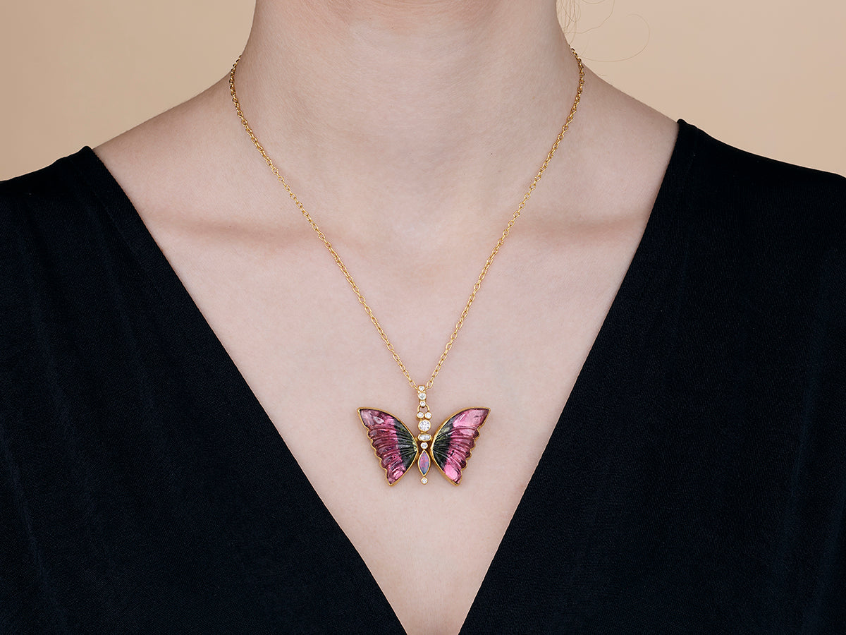 GURHAN, GURHAN Butterfly Gold Pendant Necklace, 34x45mm Carved, Tourmaline and Diamond