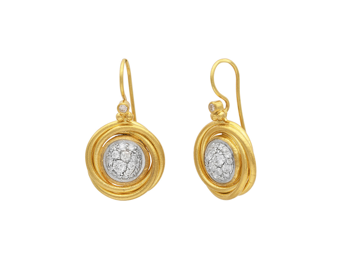 GURHAN, GURHAN Celestial Gold Single Drop Earrings, Round Twisted Wire Frame on Hook, Diamond Pave