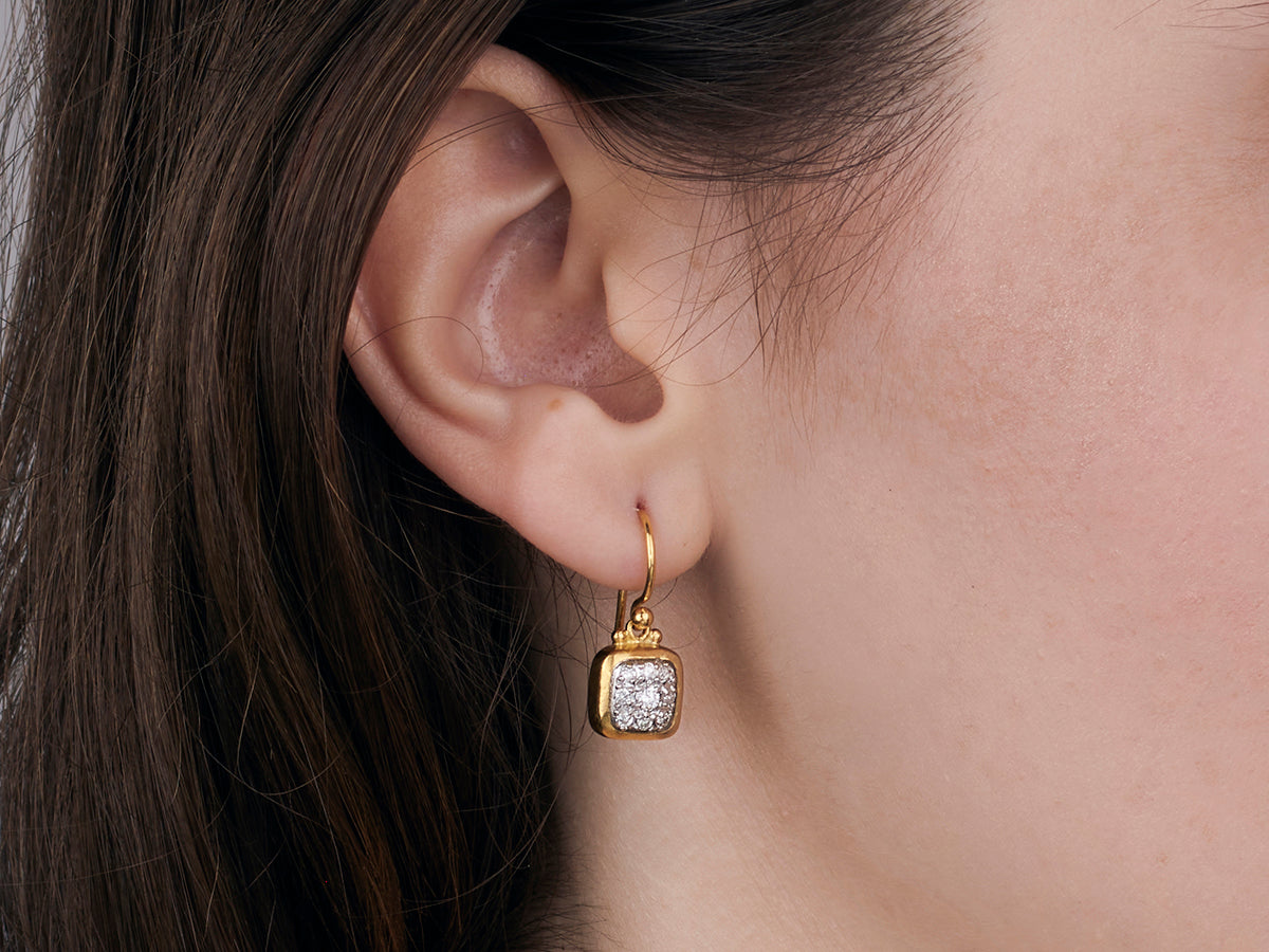 GURHAN, GURHAN Celestial Gold Single Drop Earrings, 9mm Square on Hook, Diamond Pave