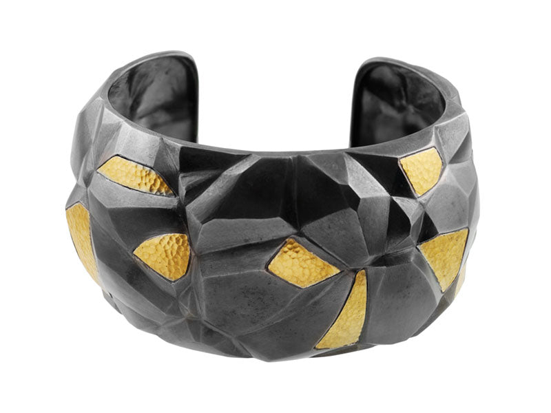 GURHAN, GURHAN Century Sterling Silver Cuff Bracelet, 40mm Wide Blackened, Gold Accents