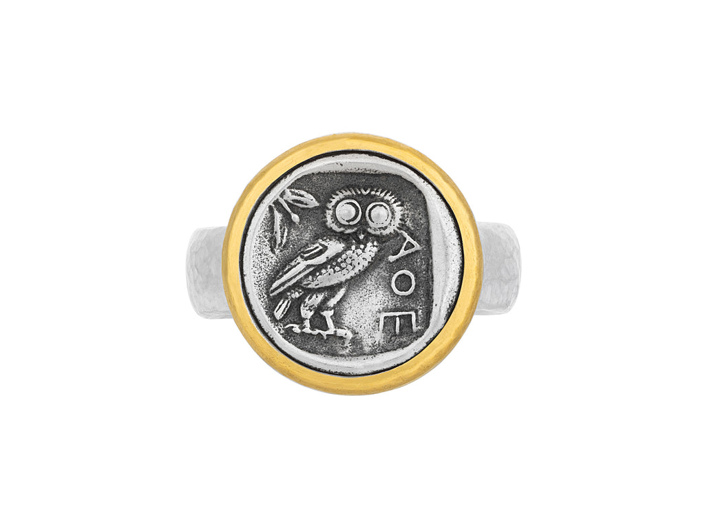 GURHAN, GURHAN Coin Sterling Silver Cocktail Ring, Owl, Gold Accents