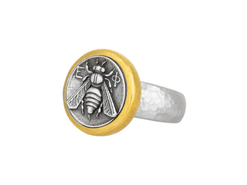 GURHAN, GURHAN Coin Sterling Silver Cocktail Ring, 17mm Bee Emblem, Gold Accents