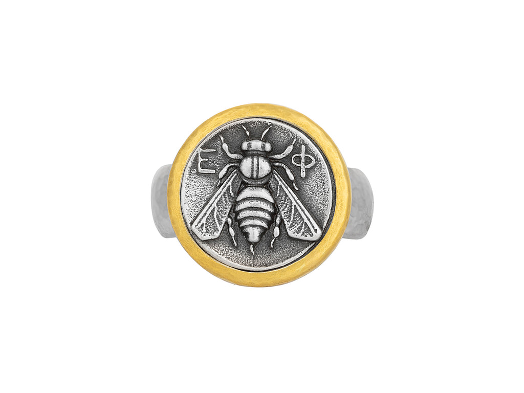 GURHAN, GURHAN Coin Sterling Silver Cocktail Ring, 17mm Bee Emblem, Gold Accents