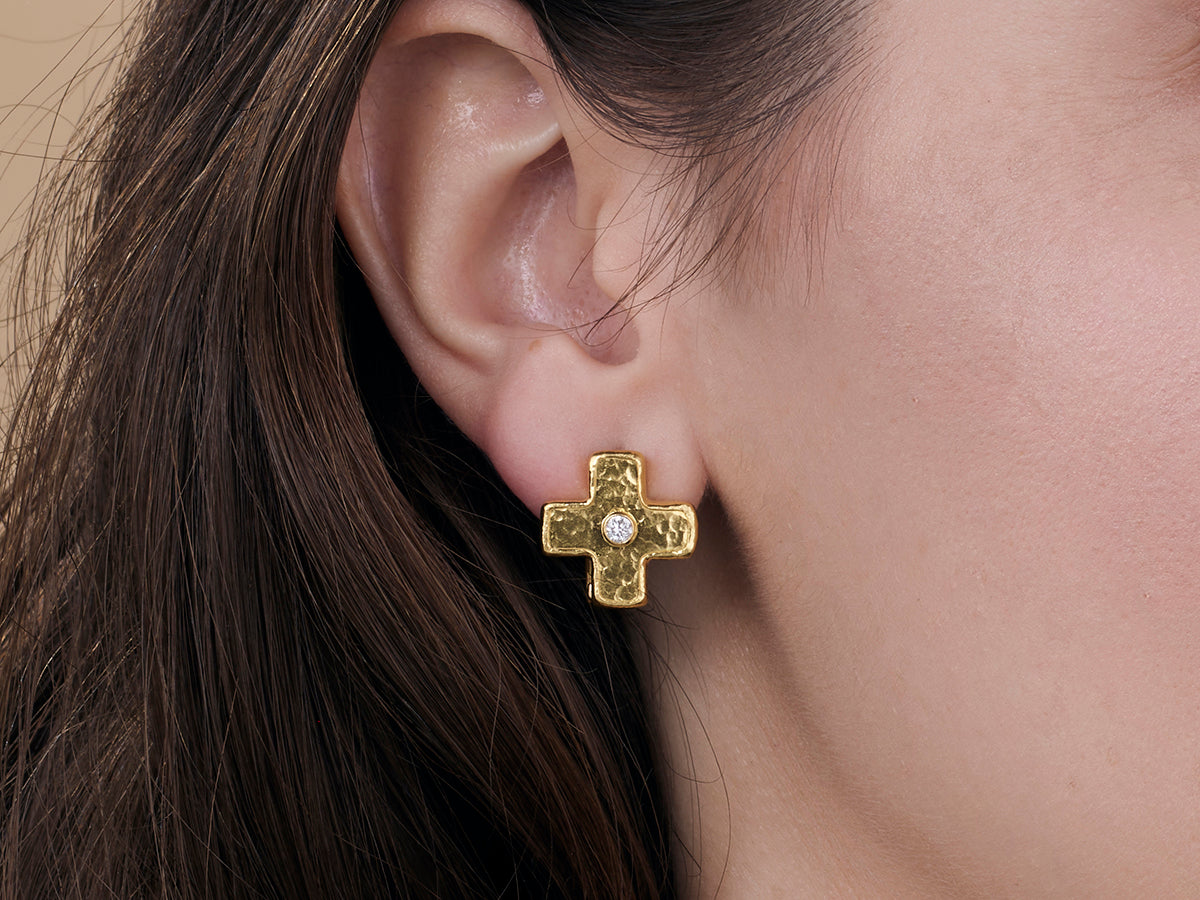 GURHAN, GURHAN Cross Gold Clip Post Stud Earrings, 16.5mm Wide, Diamond
