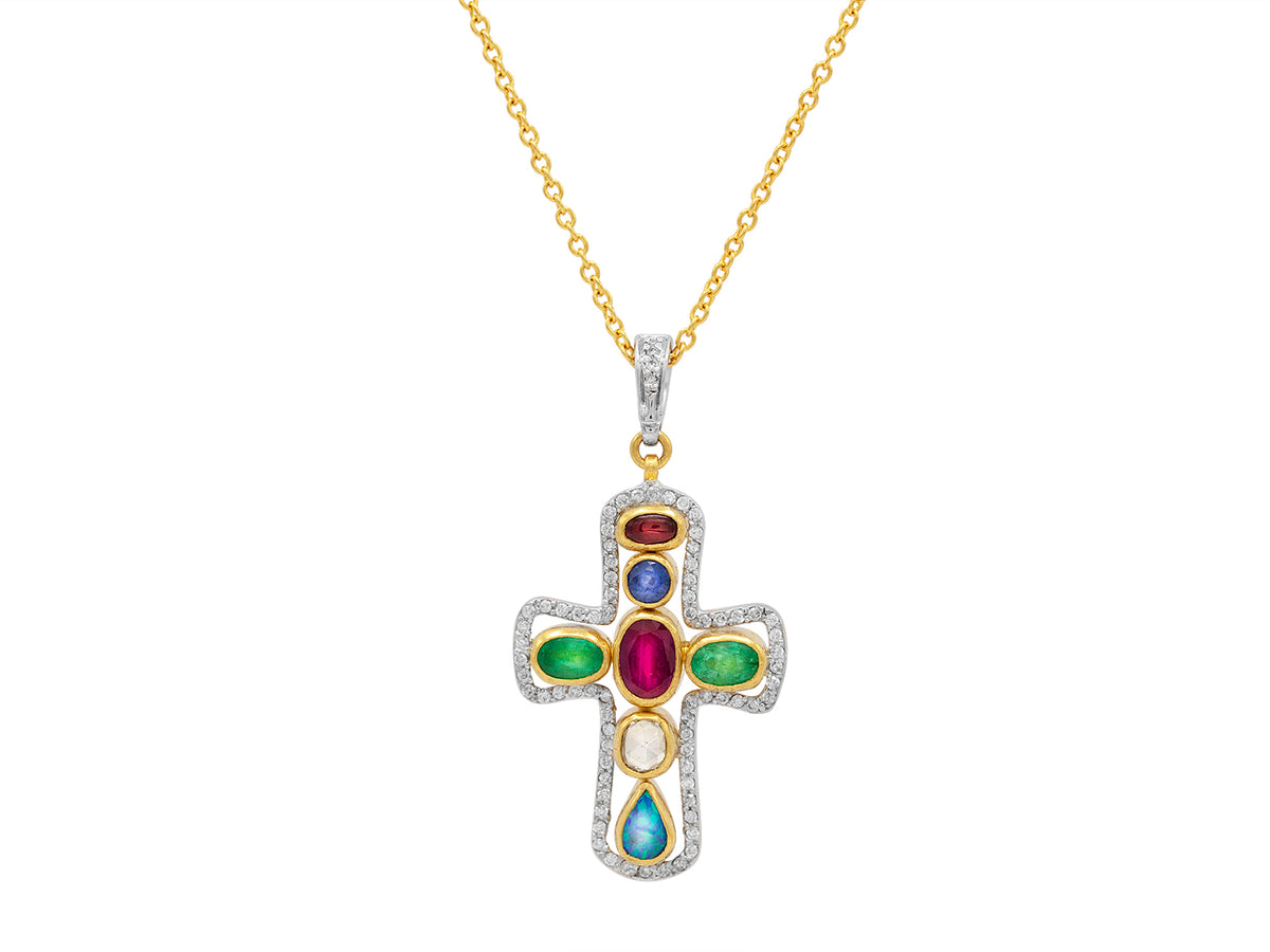GURHAN, GURHAN Cross Gold Pendant Necklace, Mixed Stones