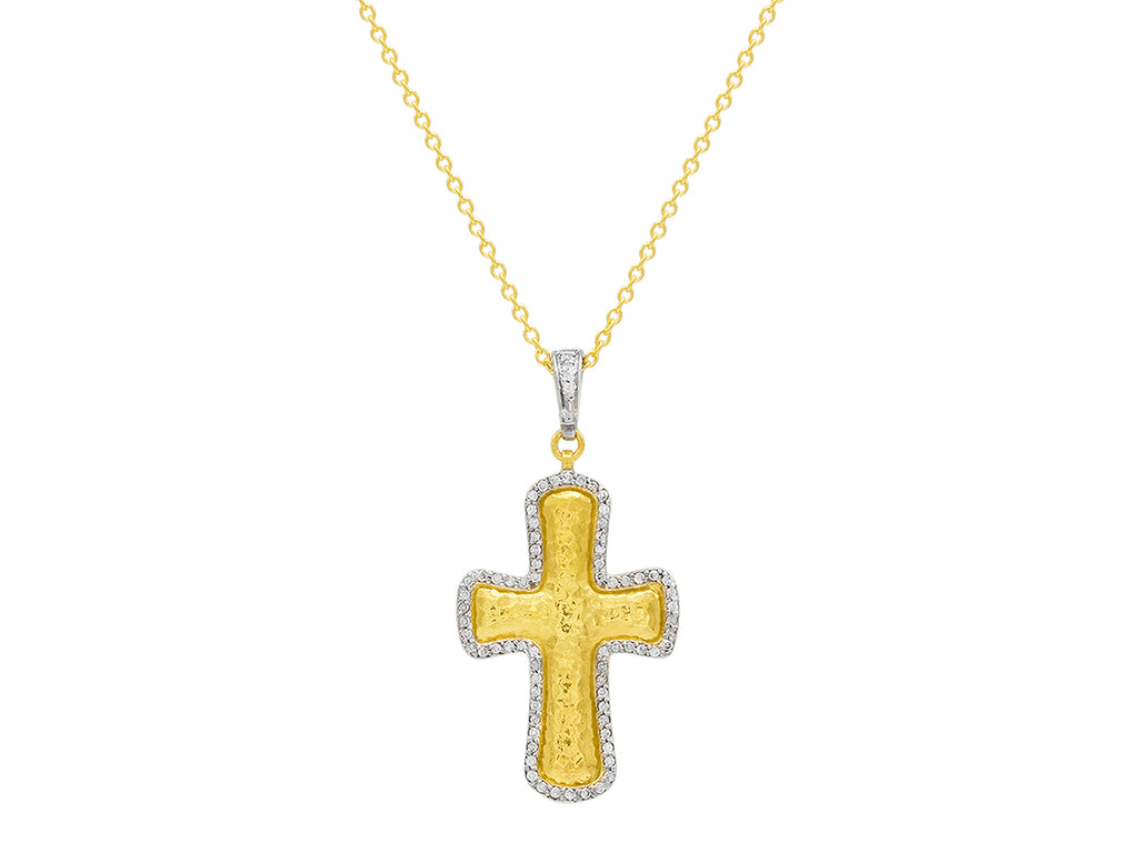 GURHAN, GURHAN Cross Gold Diamond Pendant Necklace, 45x22mm, White Gold Pave Frame