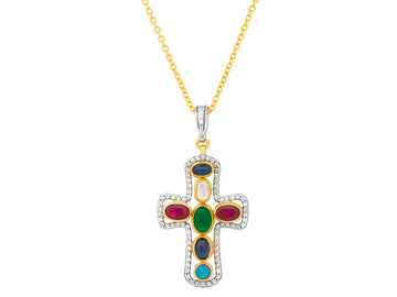 GURHAN, GURHAN Cross Gold Multi-Stone Pendant Necklace, 18K White Gold Pave Frame