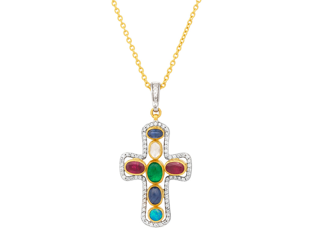 GURHAN, GURHAN Cross Gold Multi-Stone Pendant Necklace, 18K White Gold Pave Frame