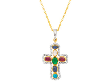 GURHAN, GURHAN Cross Gold Multi-Stone Pendant Necklace, 18K White Gold Pave Frame