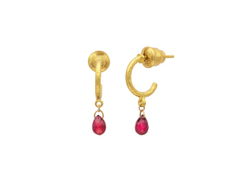 GURHAN, GURHAN Dew Gold Ruby Huggie Hoop Earrings, Thin Round with Single Briolette