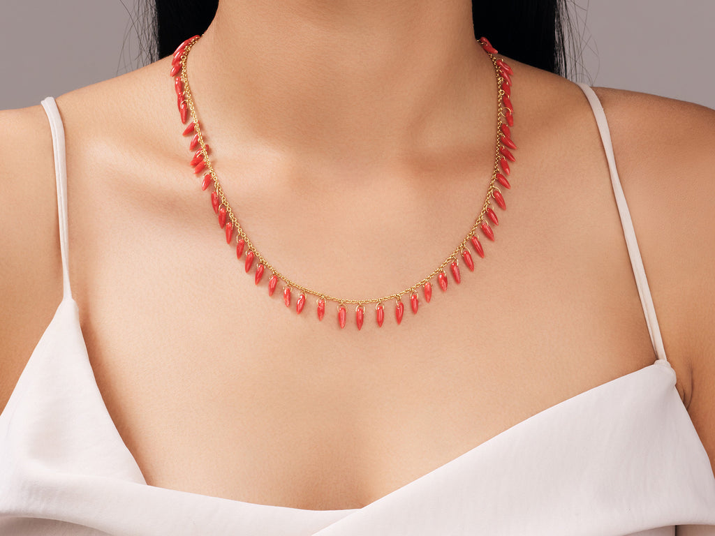 GURHAN, GURHAN Dew Gold Coral Link Short Necklace, Dangling Briolettes on Delicate Chain