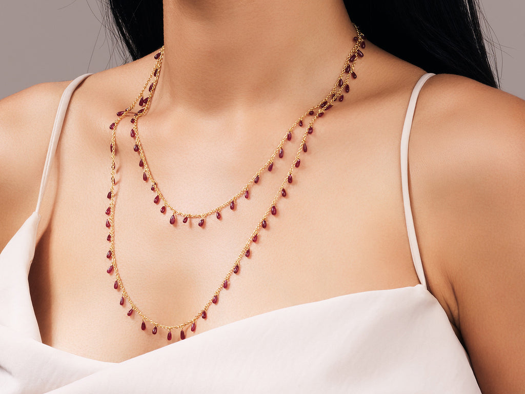 GURHAN, GURHAN Dew Gold Ruby Link Long Necklace, Briolettes on Delicate Chain